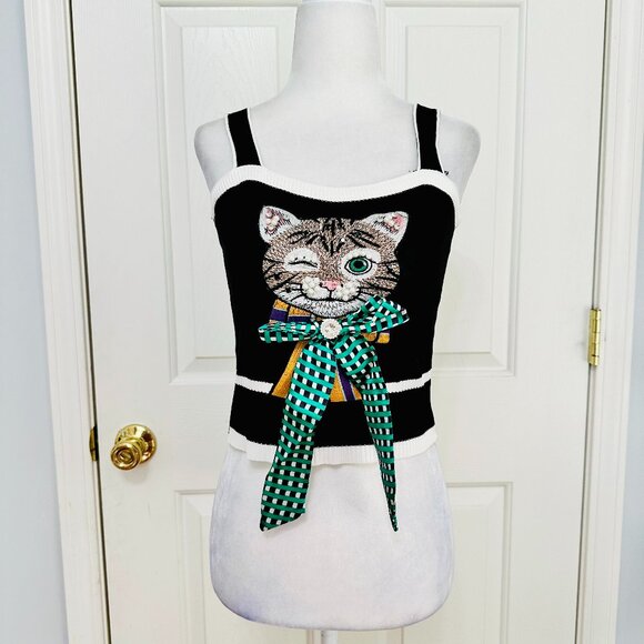 NWOT EMBELLISHED STUDDED APPLIQUE WINKING CAT CROPPED KNIT TANK TOP JUNIORS - Picture 1 of 7